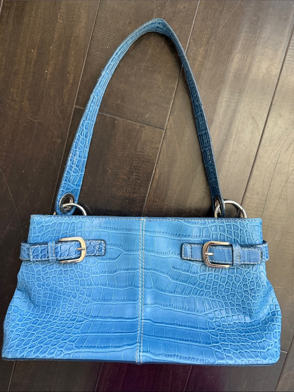 Vintage Blue Croc-Embossed Shoulder Bag